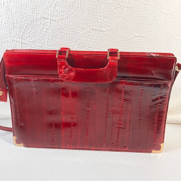 Vintage Eel Skin Leather Burgundy Briefcase 17x11 Ox Blood Red Shiny Academia - Picture 6 of 16